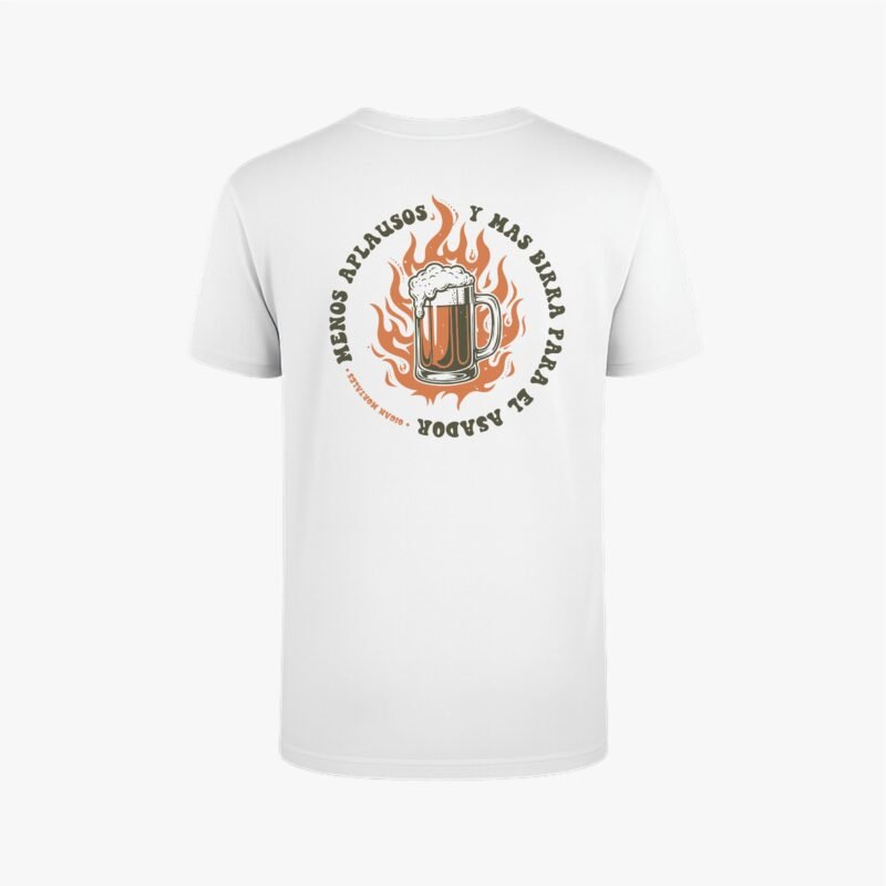remera blanca impresion espalda sin persona que dice menos aplausos y mas birra para el asador