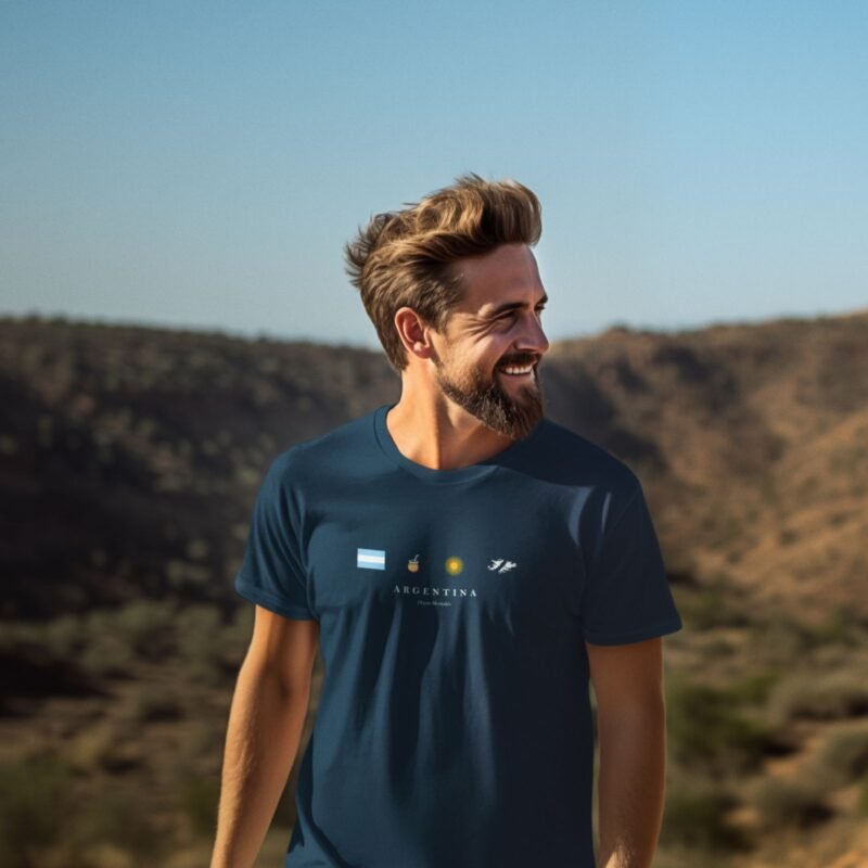 modelo usando remera argentina azul marino frente bandera mate sol malvinas