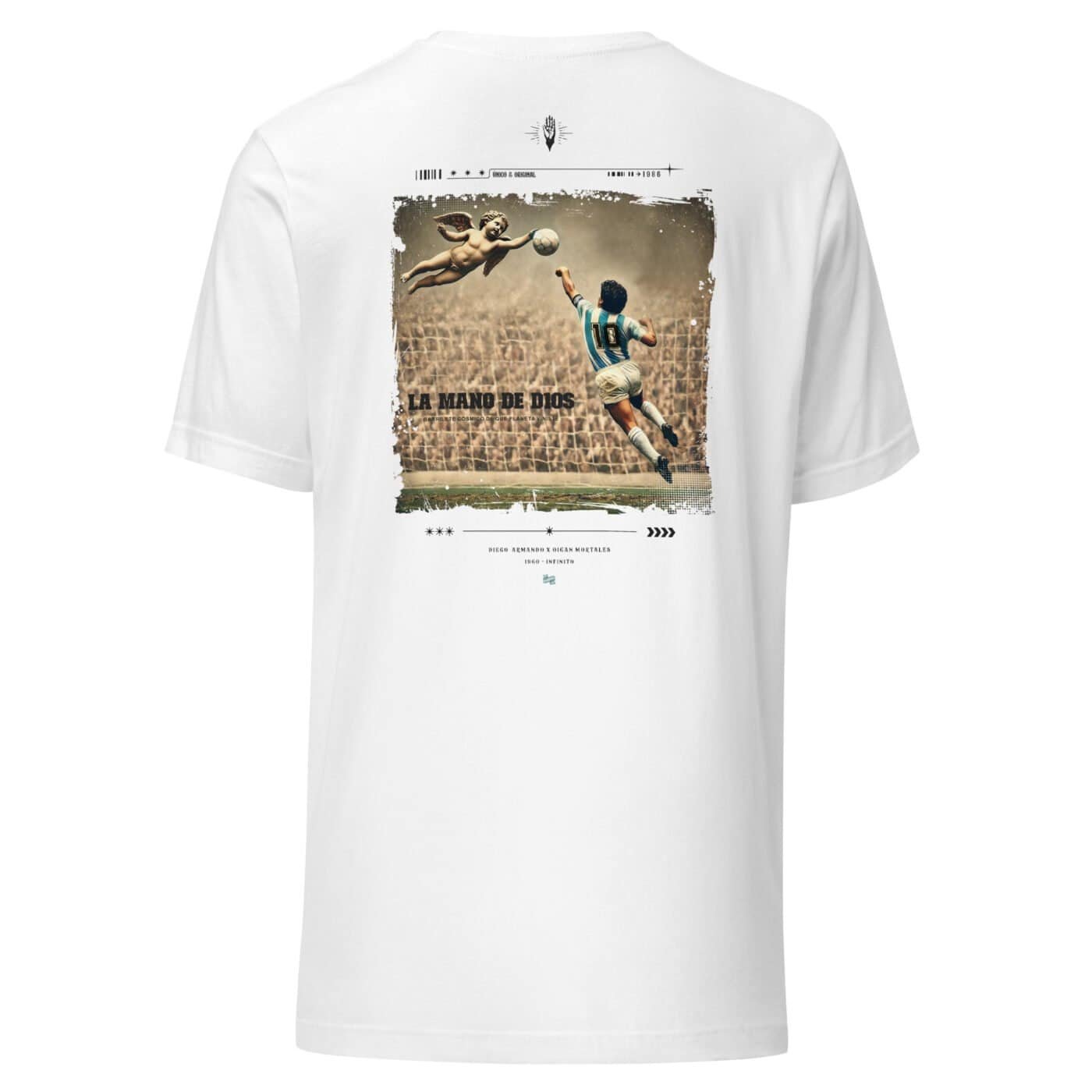 Remera argentina blanca estampa en el pecho la mano de d10s maradona sin persona