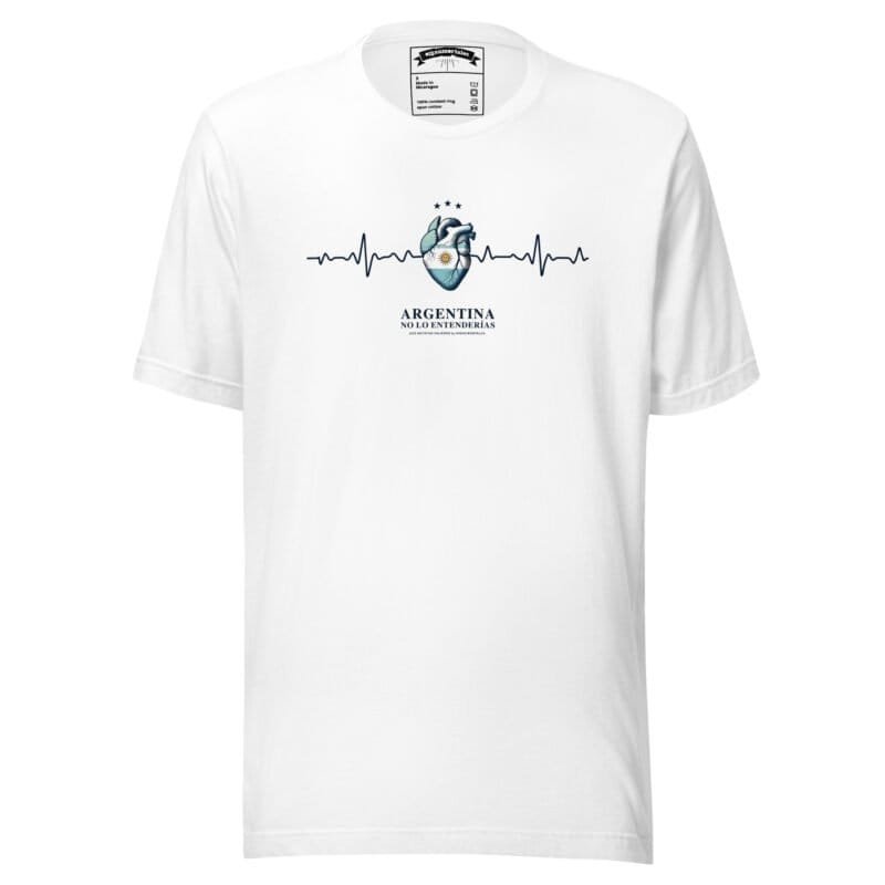Remera Argentina blanca con estampa pecho Electrocardiograma emocional unisex sin persona