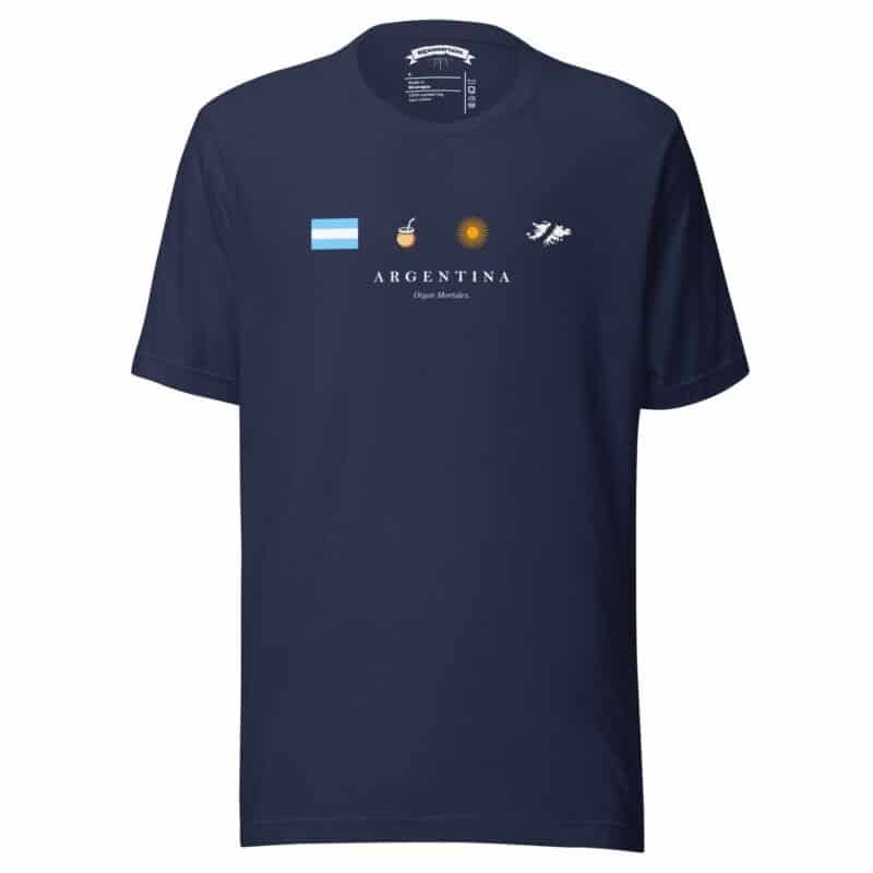 Remera argentina ayul marino estampa pecho iconos malvinas argentinas, sol de mayo, mate y bandera argentina, sin modelo