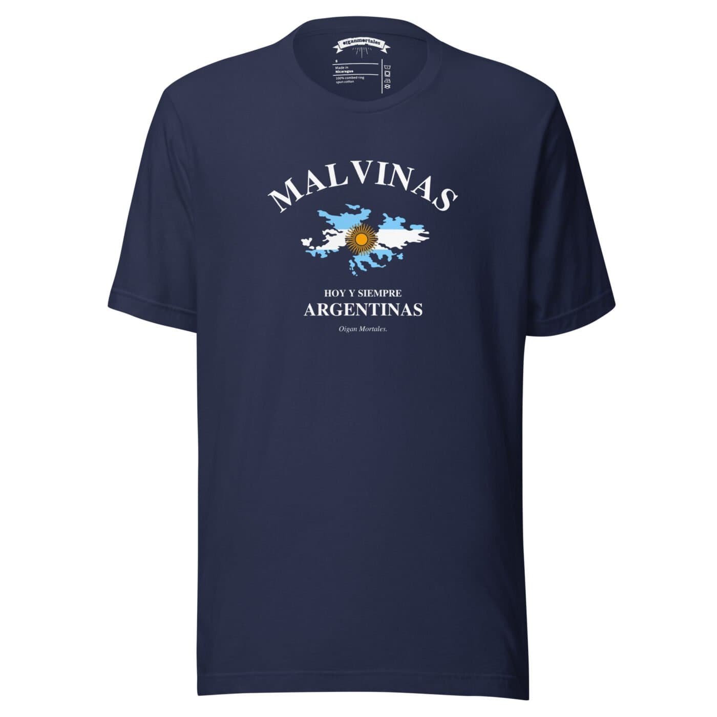 Remera argentina azul marino estampa pecho malvinas argentinas, los heroes de malvinas no se olvidan, sin modelo