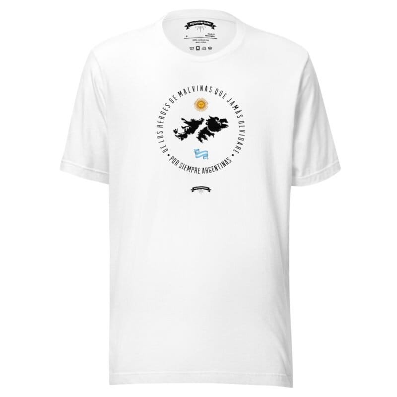 Remera argentina blanca estampa pecho malvinas argentinas, los heroes de malvinas no se olvidan, sin modelo