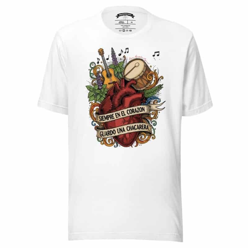 remera-argentina unisex-blanca -argentina-siempre en el corazon guardo una chacarera, sin modelo, impresion adelante