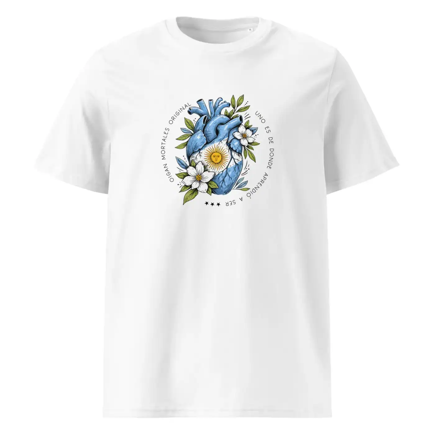 Remera Argentina Corazon argento floral blanca sin modelo Oigan Mortales